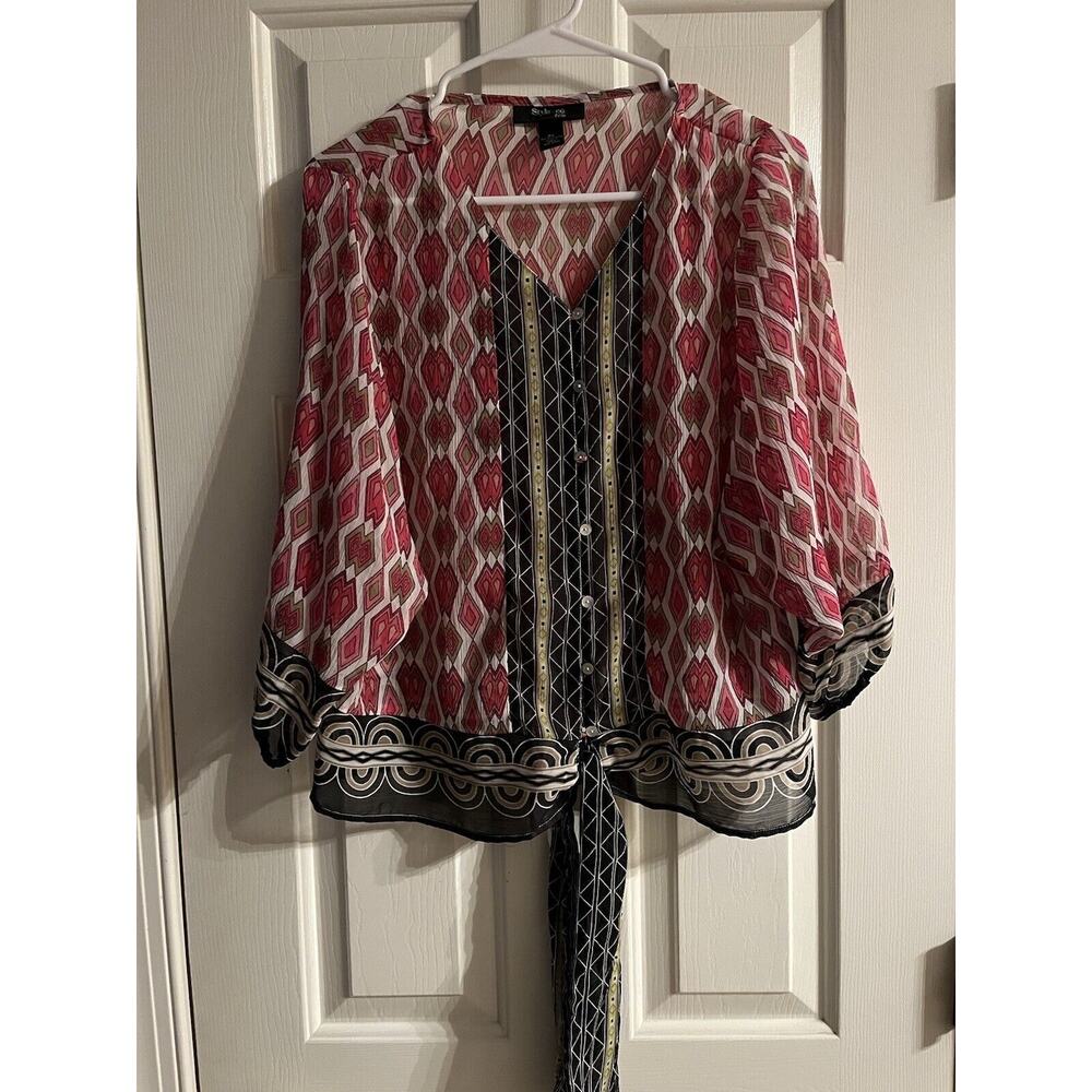 Style & Co. sz PS pink Ladies dress top polyester fuchsia sheer black beige tie